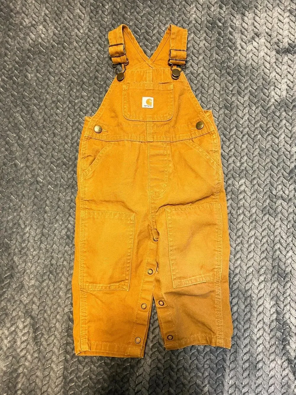 Carhartt Canvas Bib Overalls Kids 12M Brown Adjustable Strap Double Knee Snaps